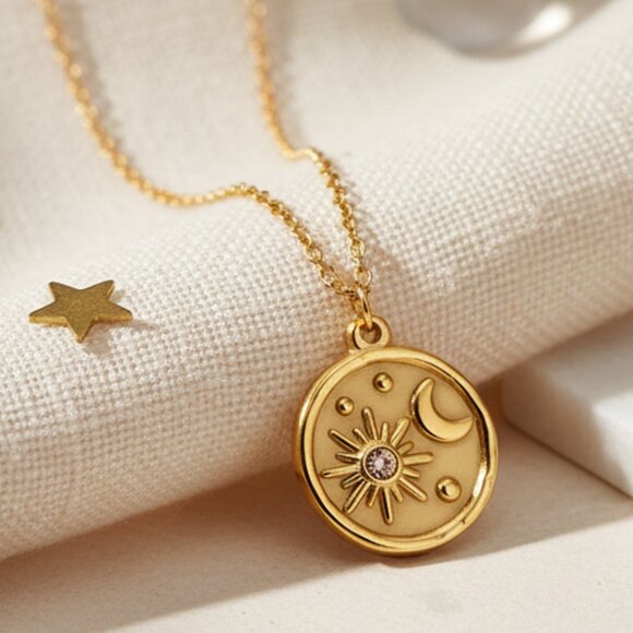 🆕️Sun Moon Necklace Celestial Pendant Stainless Steel Medallion 18K Gold Plated - Picture 1 of 11